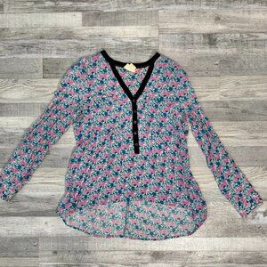 Anthropologie Vanessa Virginia Teal Pink Tiger Print Semi Sheer Blouse J46